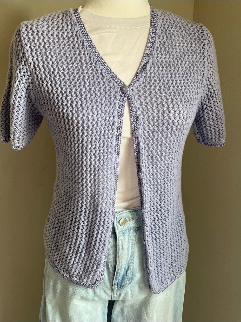 Vintage Y2K Christopher & Banks Light Lavender Short-Sleeve Knit Cardigan